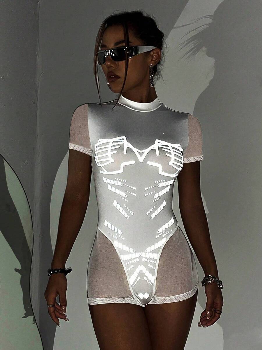 SHEIN ICON Reflective Graphic Mesh Insert Unitard Romper - White - View 1