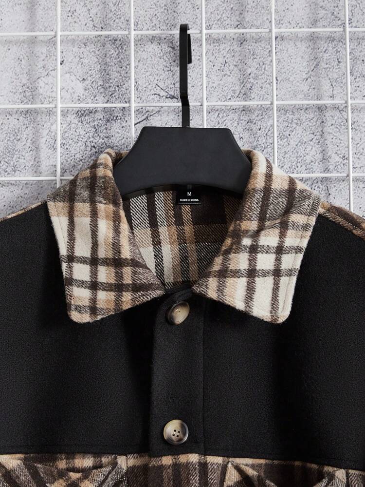 Loose Fit Men's Plaid Print Drop Shoulder Pocket Patchwork Overcoat Without Hoodie, For Fall Winter