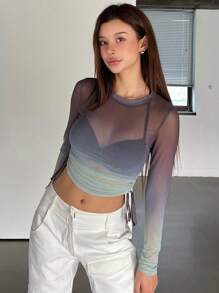 DAZY Ombre Drawstring Side Crop Mesh Top Without Bra Festival Sheer Long Sleeve Women Tops,Fall Women Clothes - Multicolor - View 8