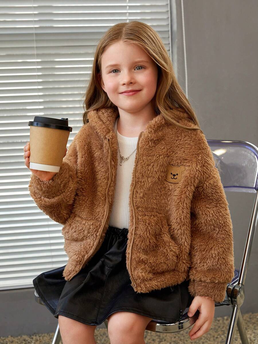 SHEIN Cô Gái Trẻ Bản vá Gấu Thả vai Dây kéo Áo Teddy Jackets - Cà phê nâu - Xem 1