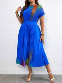 SHEIN Clasi 加大印花褶皱下摆连衣裙 长款女装 - 藍色 - 查看 6