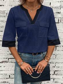 EMERY ROSE Contrast Trim Flap Pocket Blouse - Navy Blue - View 6