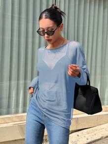 DAZY Solid Drop Shoulder Sheer Top Without Bra Long Sleeve Women - Blue - View 1