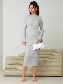 SHEIN Essnce Lettuce Trim Flounce Sleeve Bodycon Dress - Grey - View 3