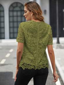 SHEIN Clasi Ren Guipure Cổ giả Áo sơ mi - màu xanh lá - Xem 7