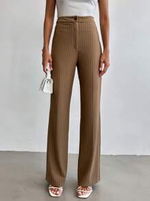 EURMUSE Striped Print Straight Leg Suit Pants - Khaki - View 1