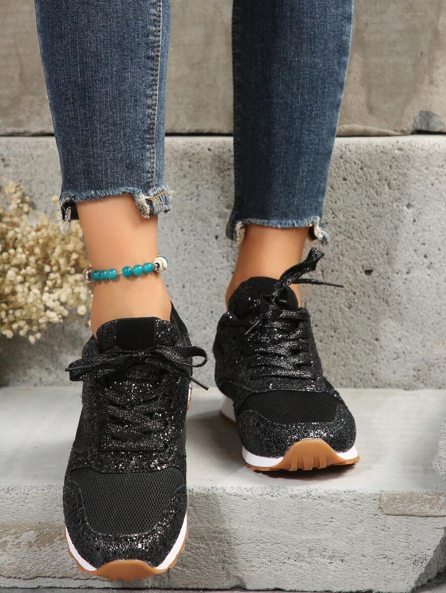 時尚舒服的發亮的透氣休閒運動鞋 - 黑色 - 查看 1