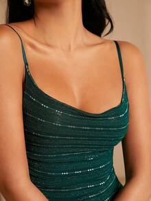 SHEIN Belle 條紋圖案露背吊帶緊身洋裝 - 墨綠色 - 查看 7