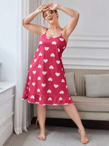 Plus Allover Heart Print Cami Night Dress With Eye Cover - Rose Red - View 4