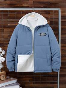 SHEIN Tween Boy 拉链贴片细节连帽棉服外套（不含毛衣） - 霧霾藍 - 查看 7