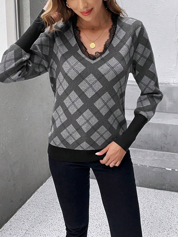 Plaid Pattern Eyelash Lace Trim Sweater