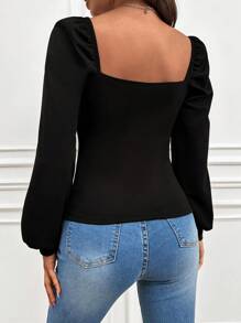 RueChic Camiseta escote corazón pecho con fruncido de manga farol - Negro - Ver 2