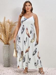 EMERY ROSE 大碼羽毛印花吊帶洋裝 - 白色 - 查看 5