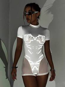 SHEIN ICON Reflective Graphic Mesh Insert Unitard Romper - White - View 3