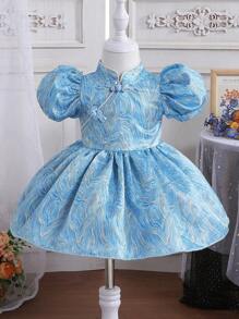 女嬰提花泡泡袖旗袍領派對禮服