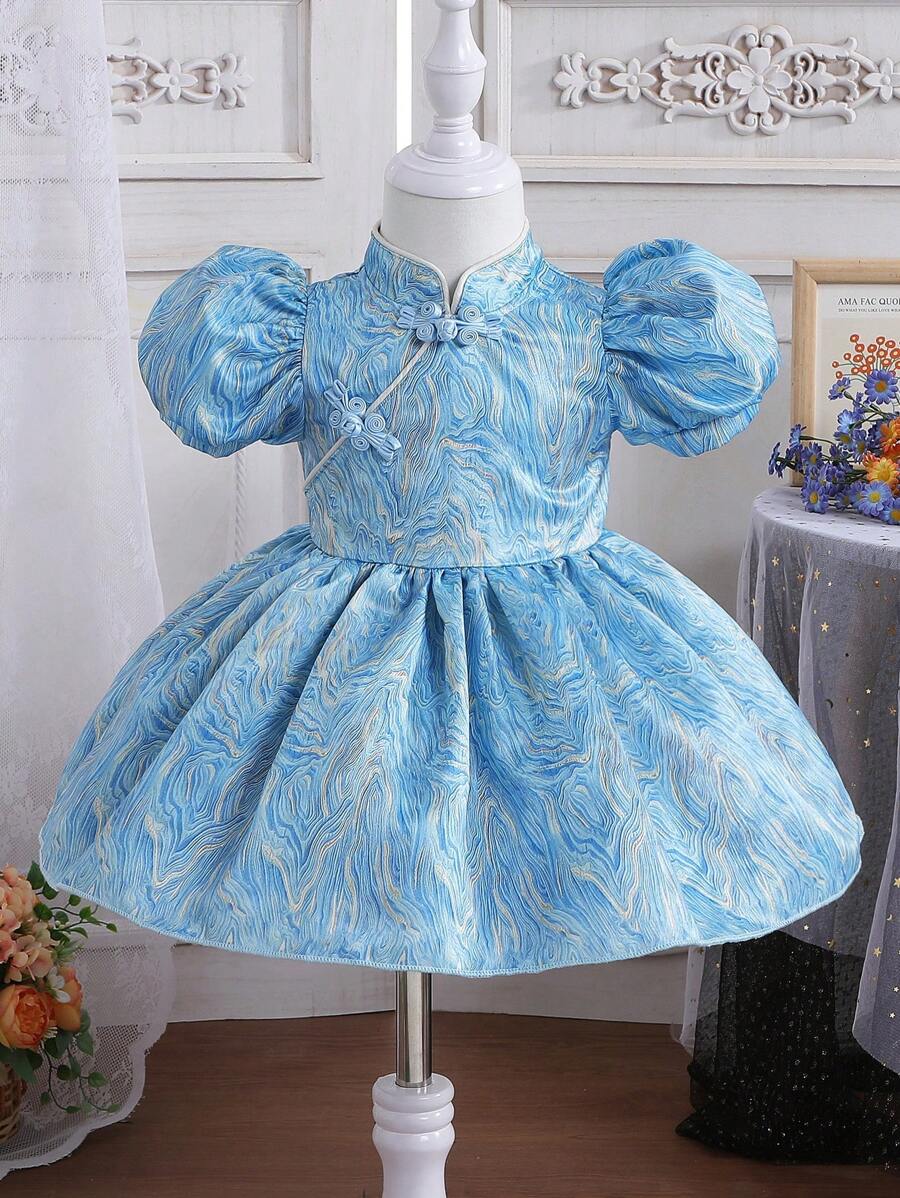 女嬰提花泡泡袖旗袍領派對禮服