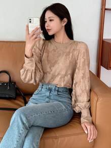 DAZY 提花灯笼袖锁眼背心衬衫秋季上衣长袖上衣 - 卡其色 - 查看 1