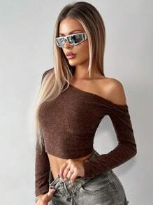 SHEIN ICON Asymmetrical Neck Crop Tee - Chocolate Brown - View 5