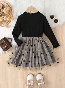 SHEIN Young Girl Star Mesh Overlay Lettuce Trim Dress