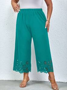 SHEIN Clasi Plus Laser Cut Out Wide Leg Pants - Green - View 5