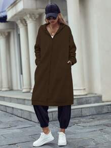 SHEIN Unity 落肩袖開門襟連帽長款運動衫 - 咖啡棕 - 查看 6