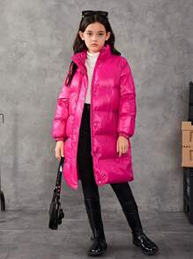 SHEIN Cô gái Tween Thanh lịch Phong cách Tay áo dài Chiều dài trung bình Dày lên Áo khoác Với Đổ đầy Thích hợp Cho mùa đông - Màu Hồng Tươi - Xem 6