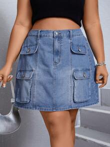 Coolane Hơn Túi có nắp Váy Denim - Rửa trung bình - Xem 4