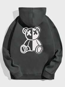 Manfinity VCAY Men Bear Print Drawstring Hoodie - Dark Grey - View 3