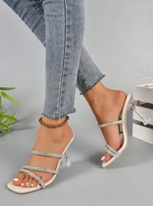 Của phụ nữ Đúng mốt Chóp giầy hình vuông , Chóp giầy mở ra , Đồ trang trí Rhinestone Dây đeo , Trong suốt Giày cao gót , Dao găm nhỏ Gót chân , Mùa hè Dép xăng đan - Màu be - Xem 3