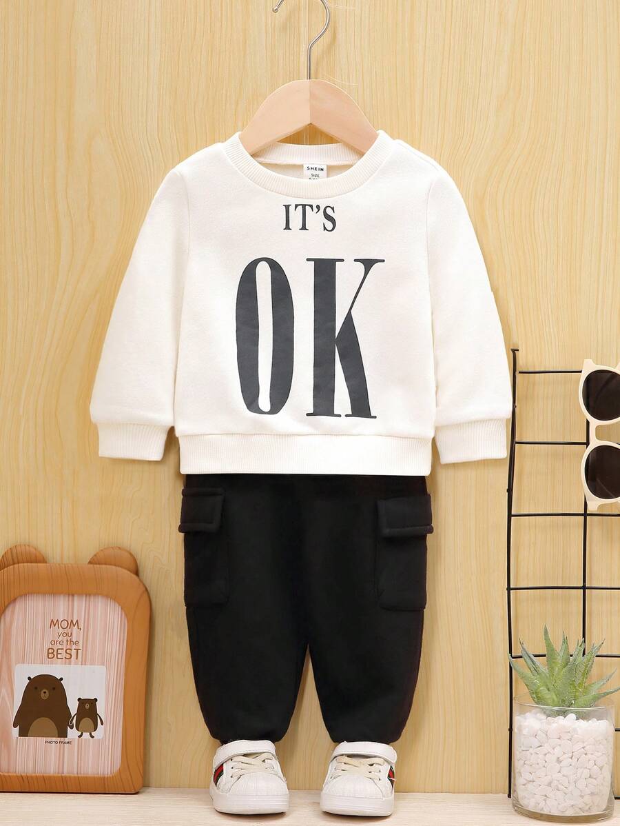 SHEIN 男嬰標語圖案運動衫&翻蓋口袋衛褲