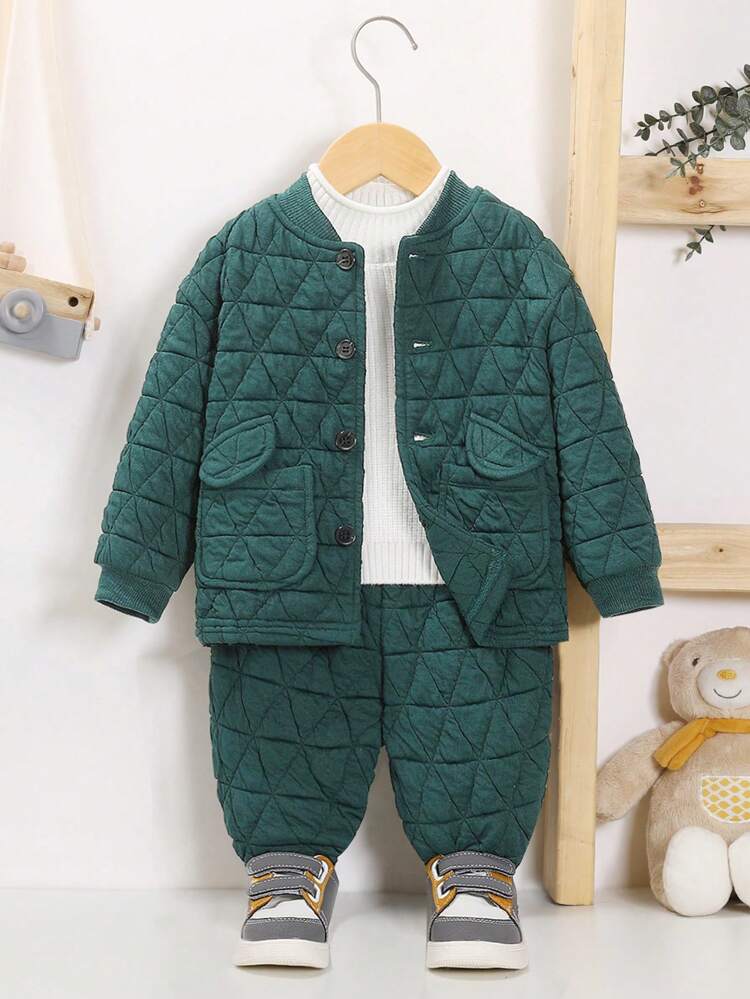 Baby Boy Solid Button Front Bomber Jacket & Pants Without Tee