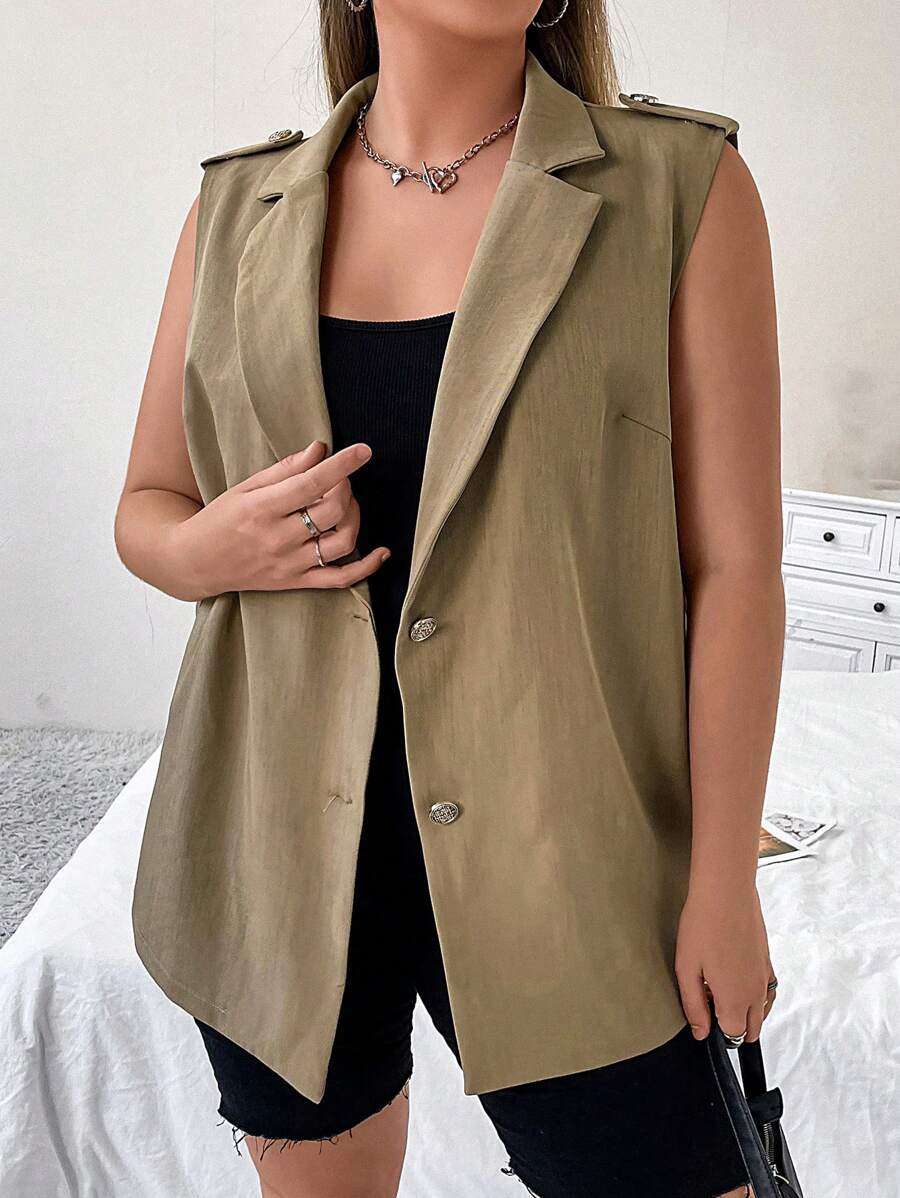 Flirla Plus Lapel Neck Vest Blazer - Khaki - View 1