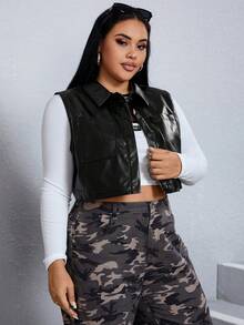 SHEIN EZwear Áo khoác vest da PU cộng thêm - màu đen - Xem 3