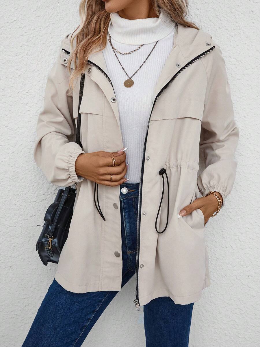SHEIN LUNE Drawstring Waist Hooded Trench Coat - Beige - View 1