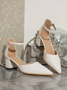 Zapatos De Mujer Con Punta Puntiaguda, Tacones Gruesos Y Diseño Hueco Con Correa De Hebilla De Tobillo - Blanco - Ver 4