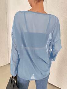 DAZY Solid Drop Shoulder Sheer Top Without Bra Long Sleeve Women - Blue - View 2