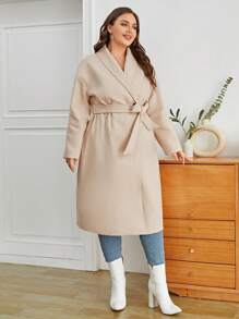 SHEIN Privé Plus Shawl Collar Belted Overcoat - Beige - View 6