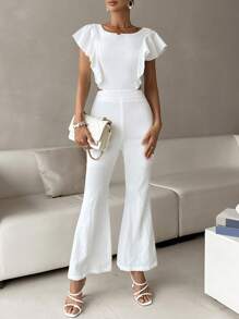 SHEIN Privé Mono unicolor ribete con fruncido pierna amplia - Blanco - Ver 1