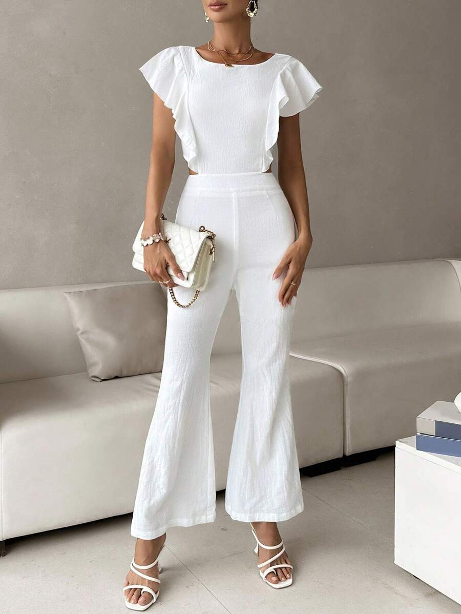 SHEIN Privé Mono unicolor ribete con fruncido pierna amplia - Blanco - Ver 1