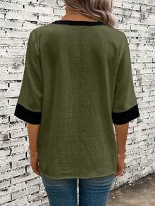 EMERY ROSE Contrast Trim Flap Pocket Blouse - Green - View 2