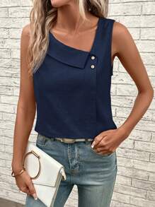 SHEIN LUNE 素色紐扣細節不對稱領無袖襯衫