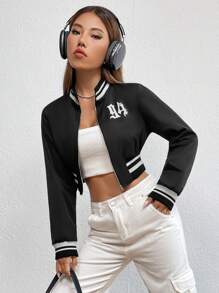 SHEIN Unity 字母圖案條紋飾邊拉鏈開襟短夾克 - 黑色 - 查看 7