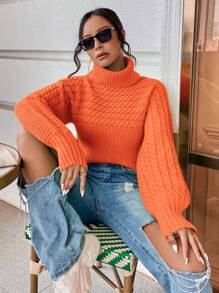 Chiquease Turtleneck Cable Knit Lantern Sleeve Sweater Knit Pullover Fall Winter Outfit - Orange - View 5