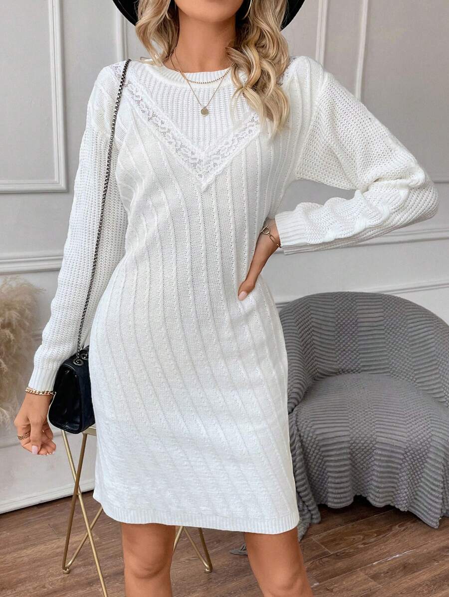 SHEIN Clasi Guipure Lace Trim Drop Shoulder Sweater Dress - White - View 1