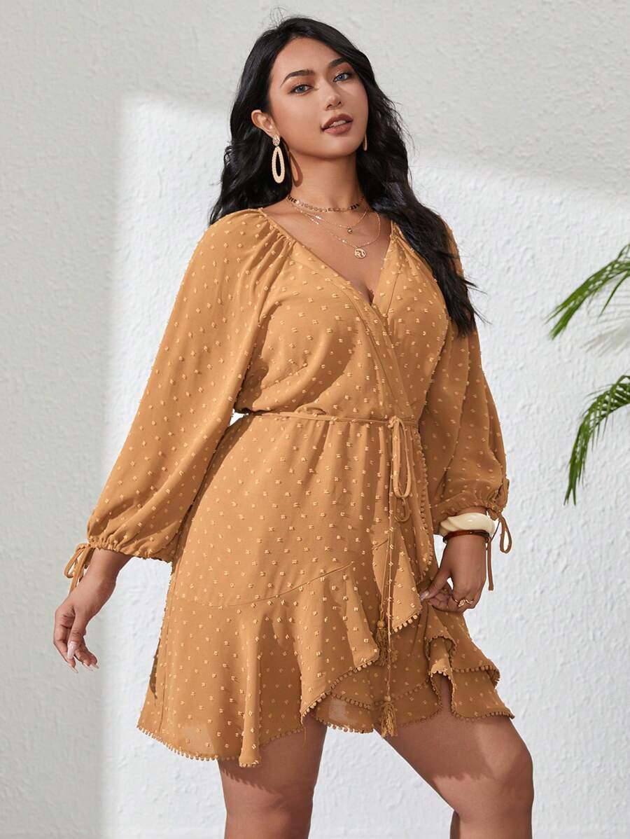 SHEIN VCAY Plus Swiss Dot Knot Cuff Ruffle Trim Wrap Belted Dress