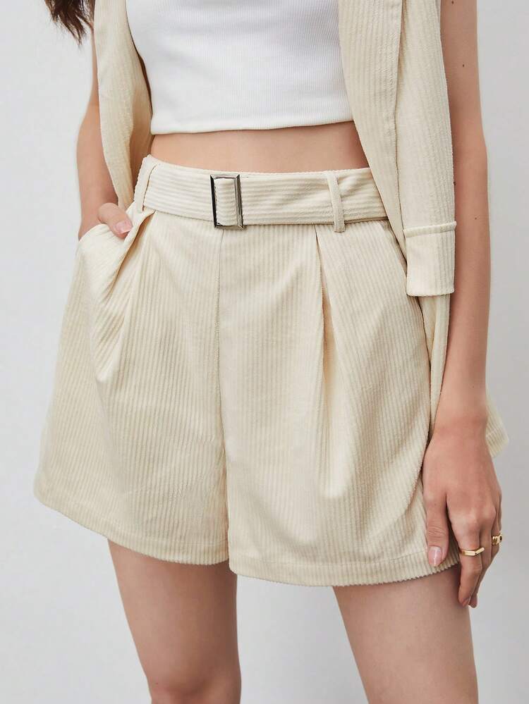 1pc Solid Blazer Vest & 1pc Belted Shorts