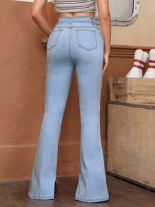 SHEIN EZwear بنطلون جينز واسع من الاسفل ممزق بحافة شق بدون حزام - أزرق فاتح - مشاهدة 2