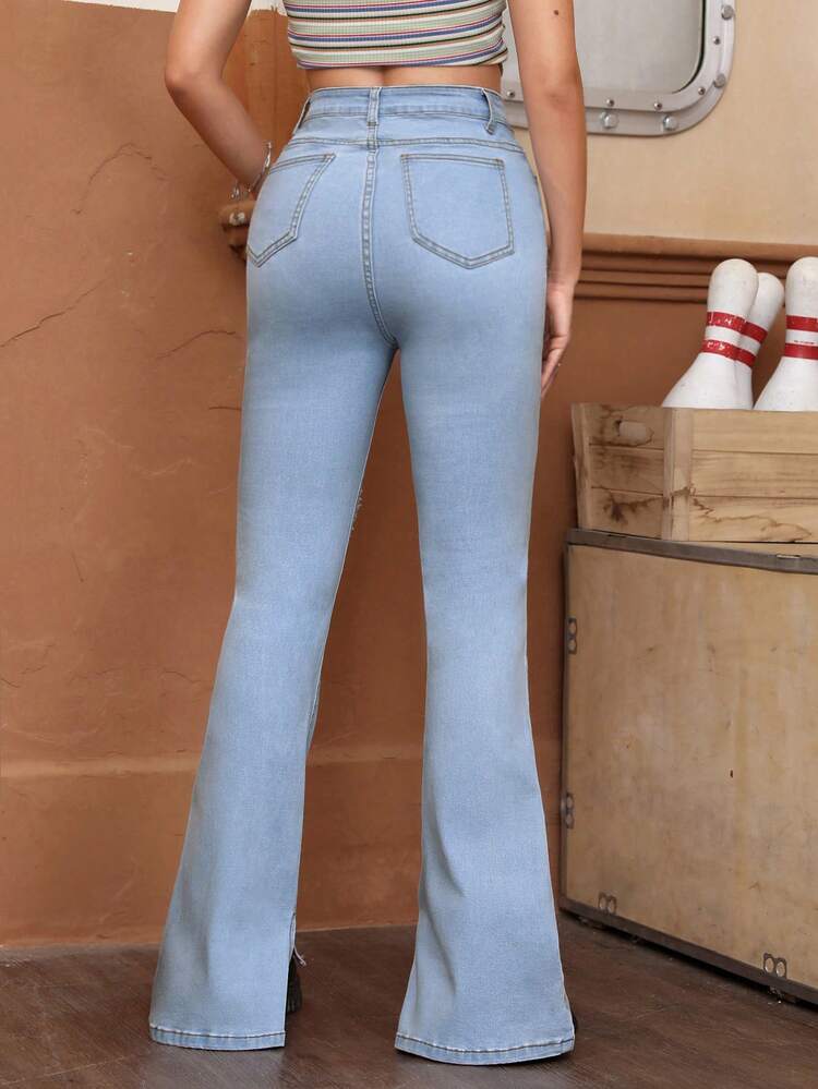 Ripped Split Hem Flare Leg Jeans Without Belt