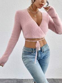 SHEIN Essnce 圍裹前打結短款開衫 - 粉色 - 查看 5