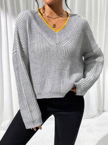 Chiquease Contrast Binding Drop Shoulder Ribbed Knit Pullover Fall Winter Sweater - Grey - View 5